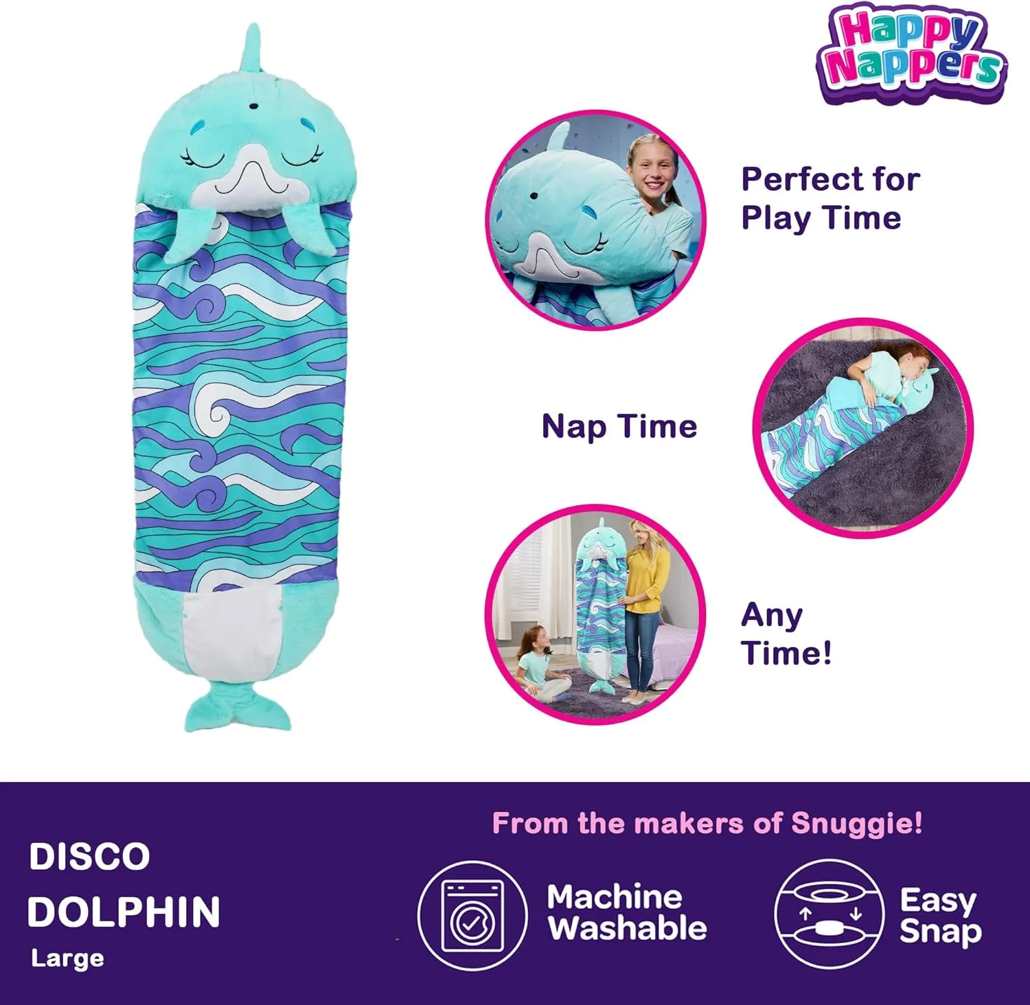 Happy Nappers Pillow & Sleepy Sack Large Dolphin Comfy, Cozy, Compact, Super Soft, Warm, All Season, Sleeping Bag with Pillow