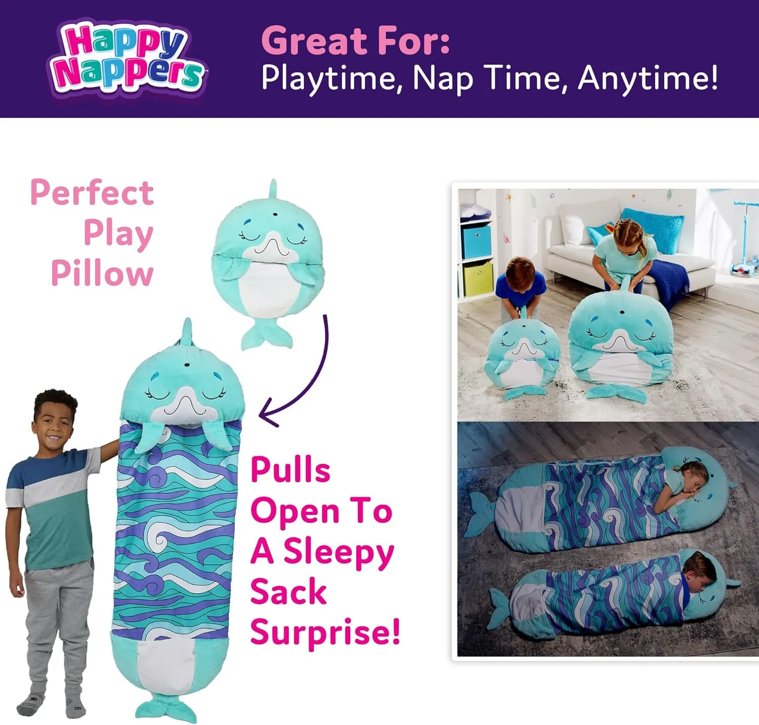 Happy Nappers Pillow & Sleepy Sack Large Dolphin Comfy, Cozy, Compact, Super Soft, Warm, All Season, Sleeping Bag with Pillow