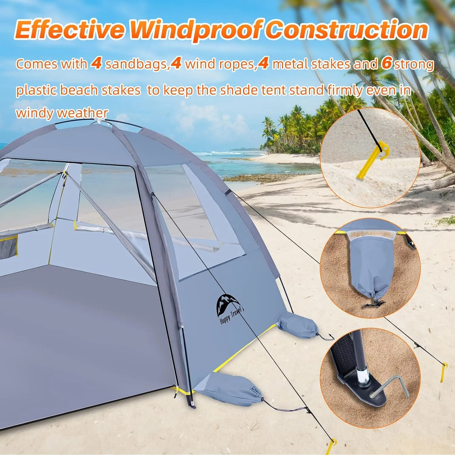 Happy Travel Beach Tent Sun Shelter for 3/4/5/6/7/8 Person, Portable UPF 50  UV Protection Beach Shade Canopy for Family & Baby, Lightweight & Easy Setup Beach Cabana with 3 Ventilation Mesh Windows