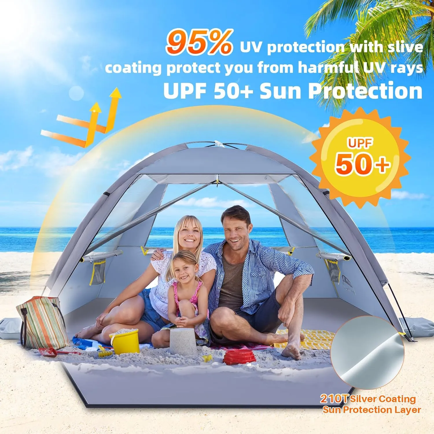 Happy Travel Beach Tent Sun Shelter for 3/4/5/6/7/8 Person, Portable UPF 50  UV Protection Beach Shade Canopy for Family & Baby, Lightweight & Easy Setup Beach Cabana with 3 Ventilation Mesh Windows