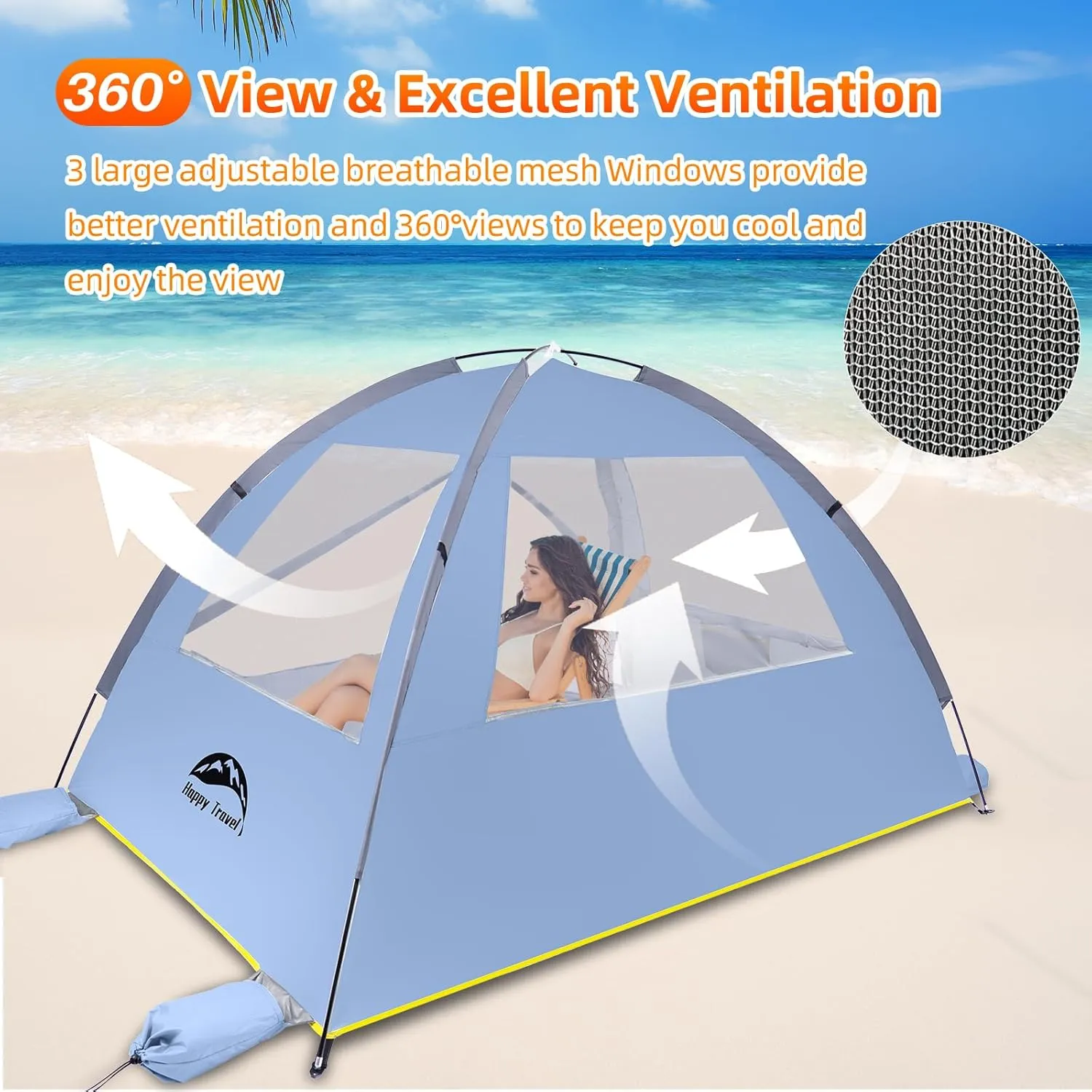 Happy Travel Beach Tent Sun Shelter for 3/4/5/6/7/8 Person, Portable UPF 50  UV Protection Beach Shade Canopy for Family & Baby, Lightweight & Easy Setup Beach Cabana with 3 Ventilation Mesh Windows