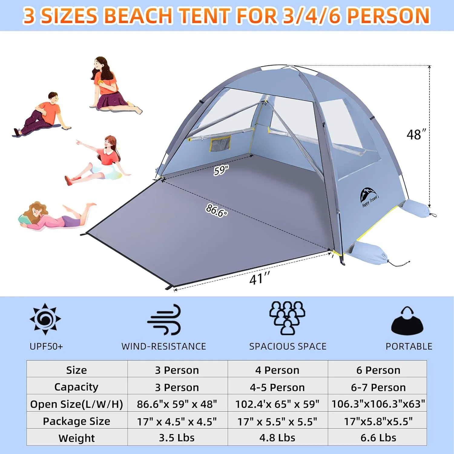 Happy Travel Beach Tent Sun Shelter for 3/4/5/6/7/8 Person, Portable UPF 50  UV Protection Beach Shade Canopy for Family & Baby, Lightweight & Easy Setup Beach Cabana with 3 Ventilation Mesh Windows