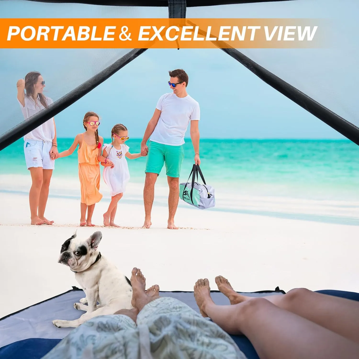 Happy Travel Beach Tent, UPF 50  UV Protection Sun Shade Shelter for 3/4/5/6/7/8 Person, Portable Beach Canopy for Family & Baby, Lightweight & Easy Setup Beach Cabana with 3 Ventilation Mesh Windows