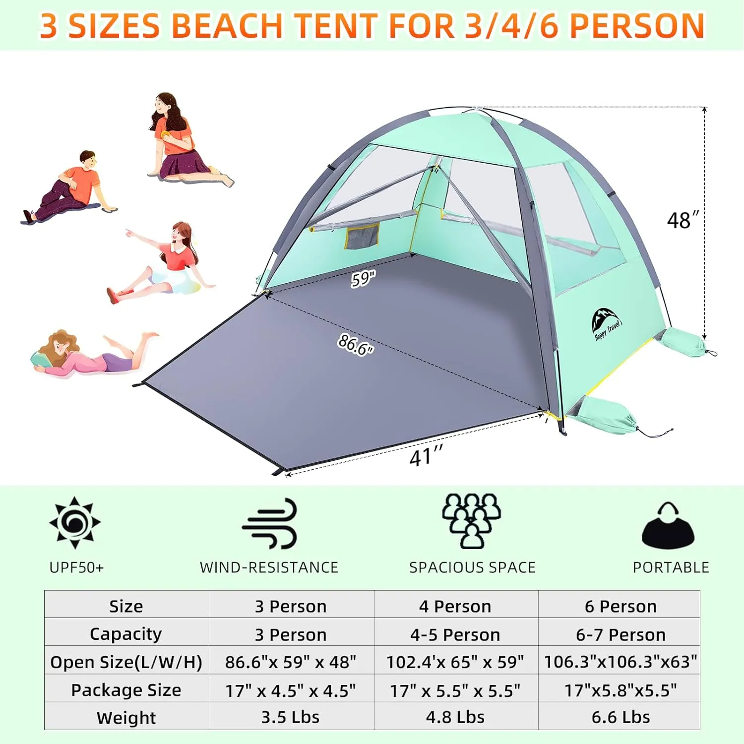 Happy Travel Beach Tent, UPF 50  UV Protection Sun Shade Shelter for 3/4/5/6/7/8 Person, Portable Beach Canopy for Family & Baby, Lightweight & Easy Setup Beach Cabana with 3 Ventilation Mesh Windows