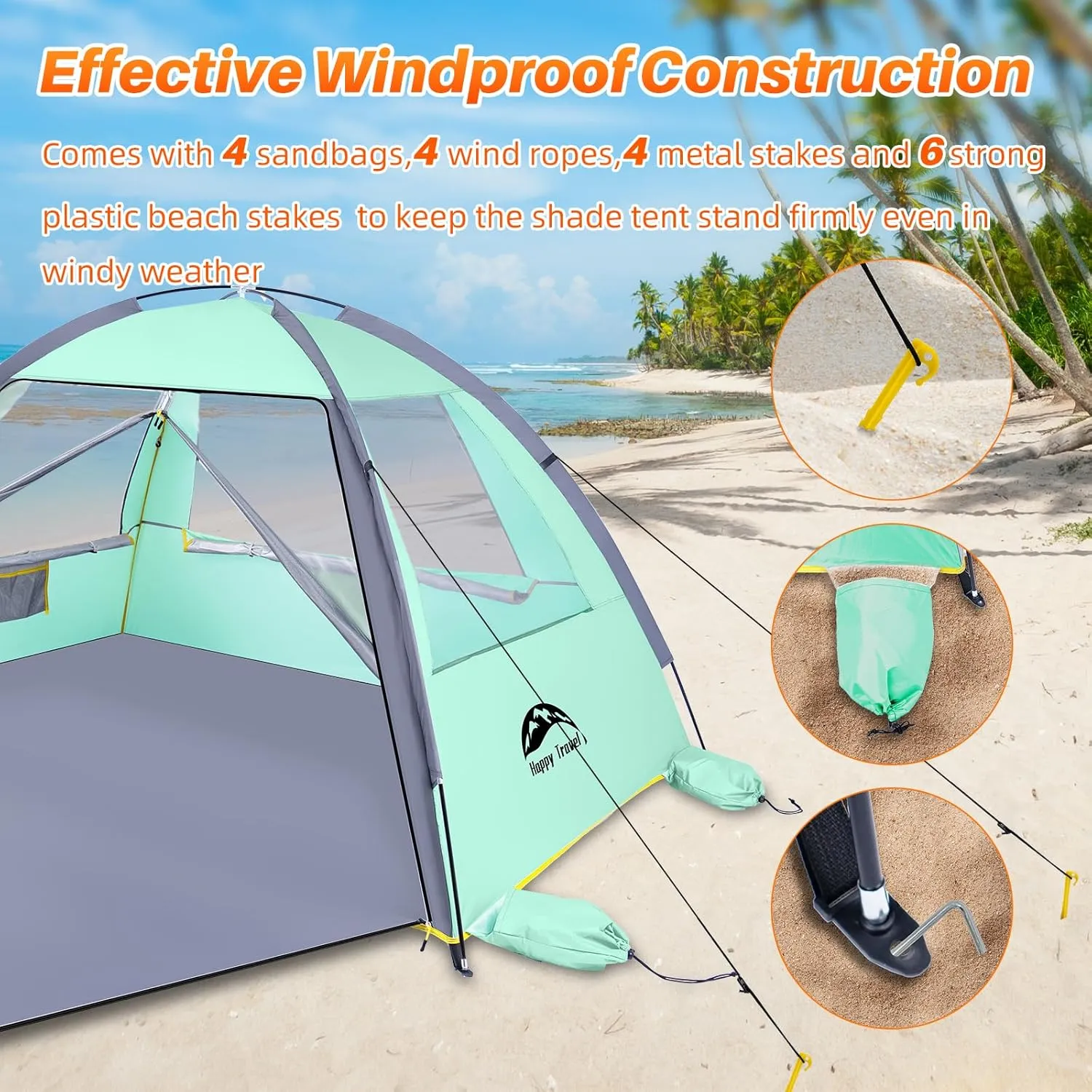 Happy Travel Beach Tent, UPF 50  UV Protection Sun Shade Shelter for 3/4/5/6/7/8 Person, Portable Beach Canopy for Family & Baby, Lightweight & Easy Setup Beach Cabana with 3 Ventilation Mesh Windows