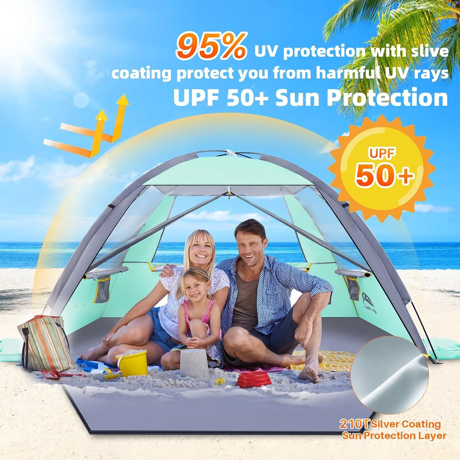 Happy Travel Beach Tent, UPF 50  UV Protection Sun Shade Shelter for 3/4/5/6/7/8 Person, Portable Beach Canopy for Family & Baby, Lightweight & Easy Setup Beach Cabana with 3 Ventilation Mesh Windows