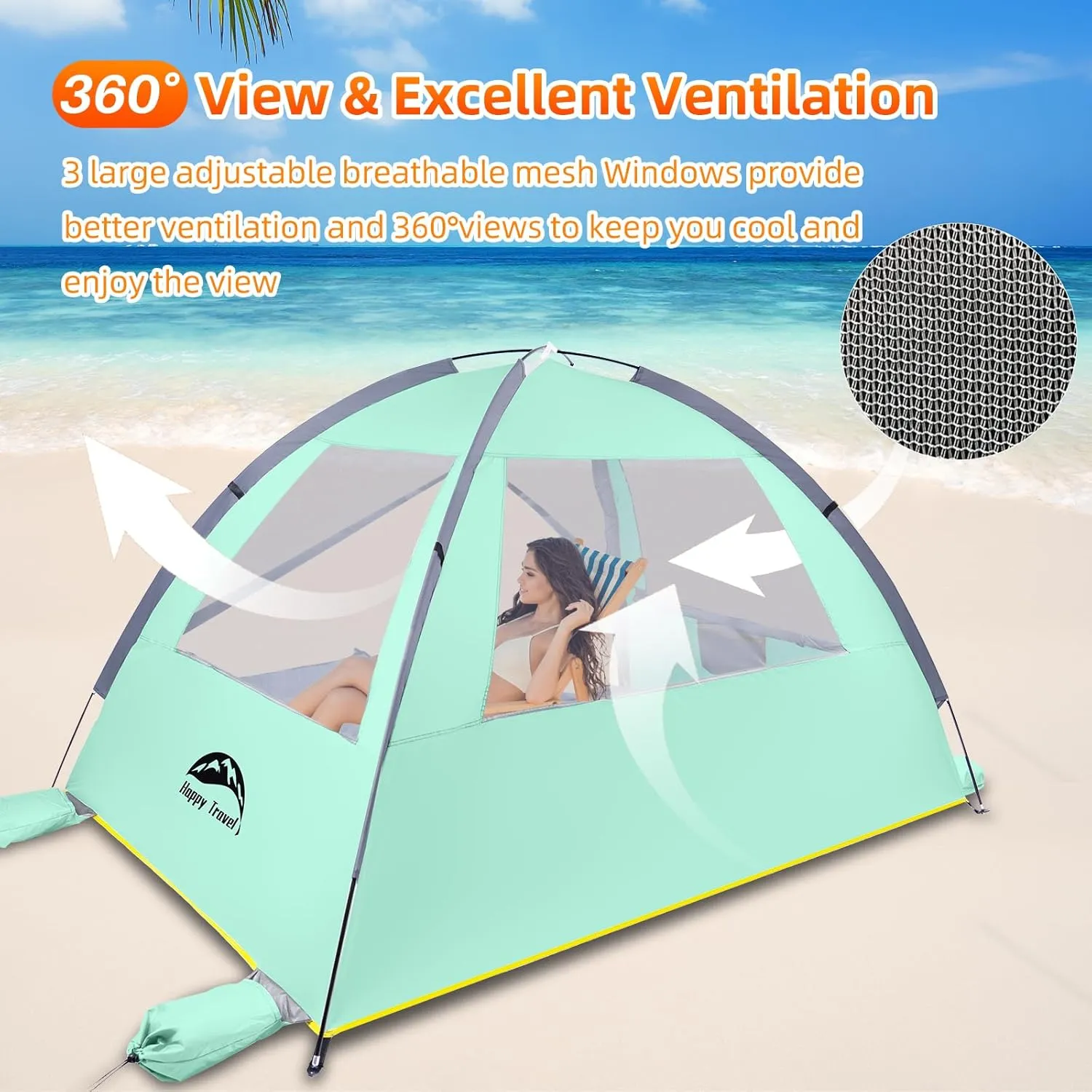 Happy Travel Beach Tent, UPF 50  UV Protection Sun Shade Shelter for 3/4/5/6/7/8 Person, Portable Beach Canopy for Family & Baby, Lightweight & Easy Setup Beach Cabana with 3 Ventilation Mesh Windows