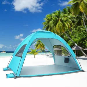 Happyyami Blue Beach Tent,Portable Sun Shelter for 3/4 Person with UPF 50  UV Protection Easy Setup Waterproof Beach Shade for Family Outdoor and Picnics with Carrying Bag