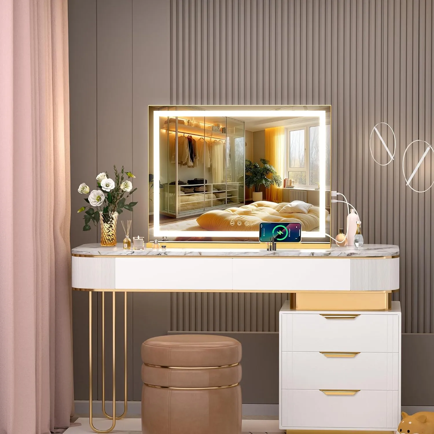 Hasipu Vanity Mirror with Lights, 32" x 20" LED Makeup Mirror, Lighted Makeup Mirror with Dimmable 3 Modes, Touch Screen Control Vanity Mirror Square Gold