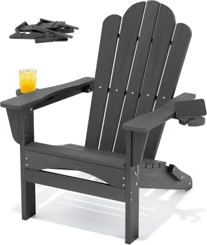 HDPE All-Weather Adirondack Chairs, Folding Adirondack Chair, Outdoor Chair, Fire Pit Chairs, Porch Chairs, with Cup Holder, Stackable, for Garden Porch Lawn Pool Backyard Deck (Gray)