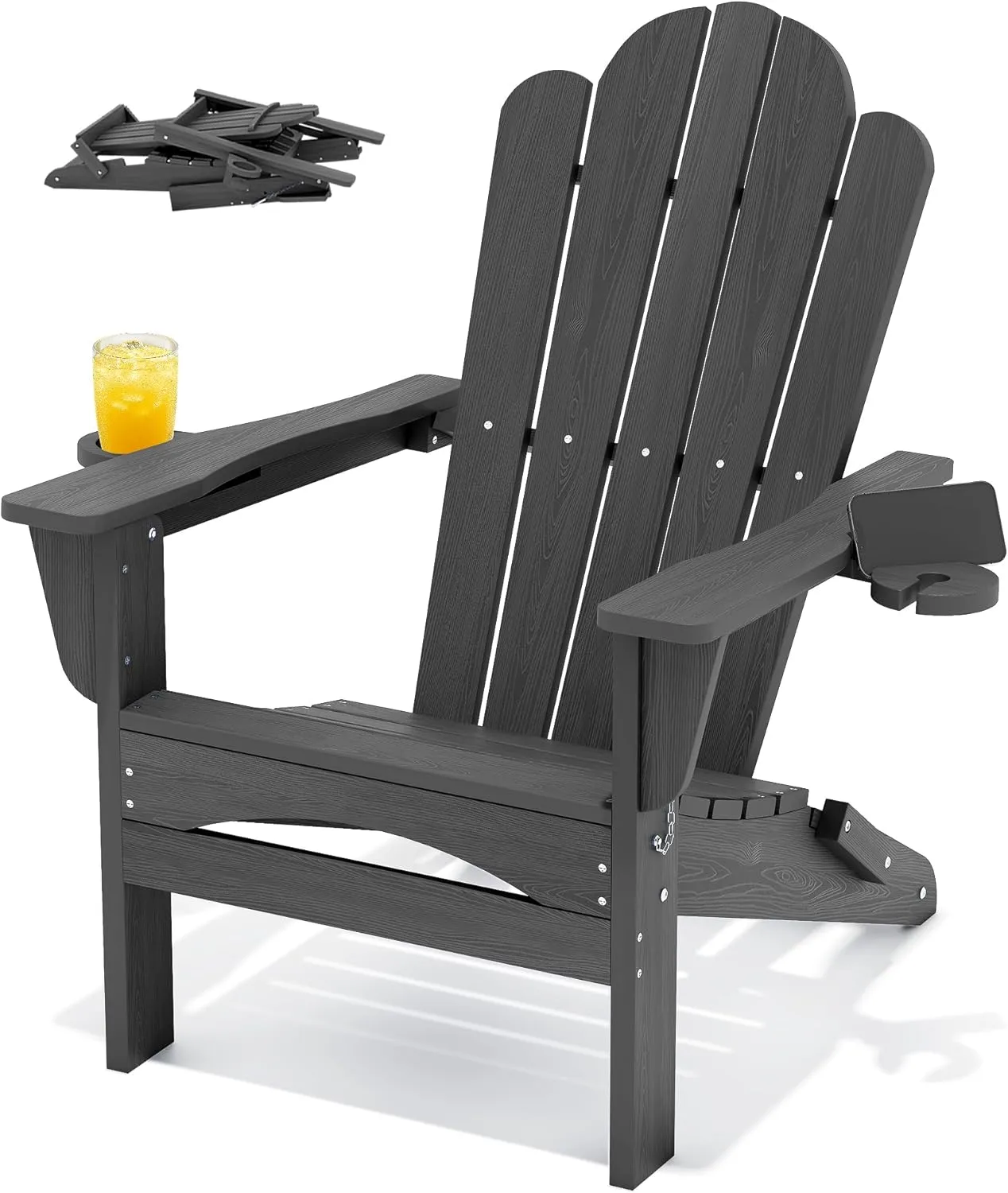 HDPE All-Weather Adirondack Chairs, Folding Adirondack Chair, Outdoor Chair, Fire Pit Chairs, Porch Chairs, with Cup Holder, Stackable, for Garden Porch Lawn Pool Backyard Deck (Gray)