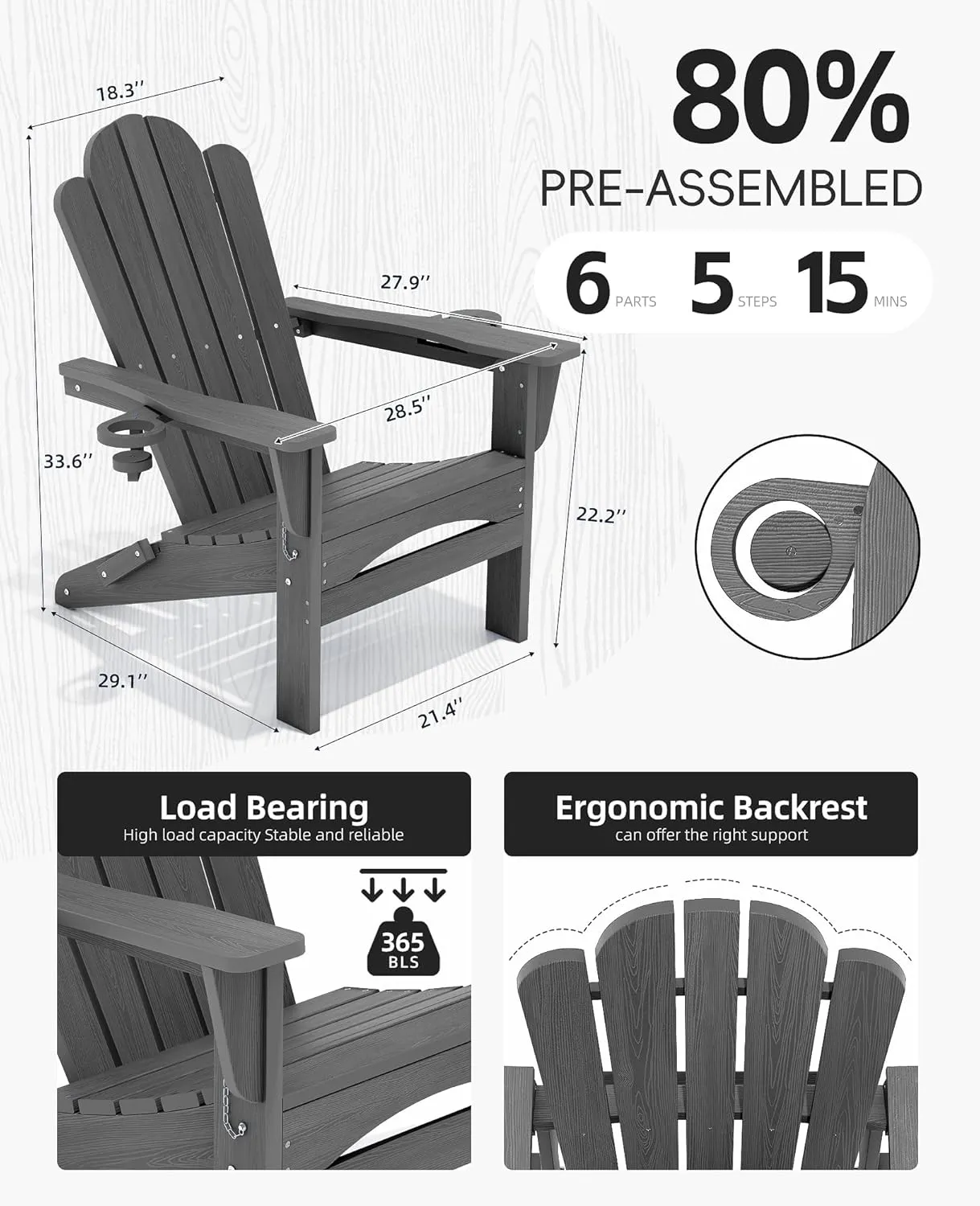HDPE All-Weather Adirondack Chairs, Folding Adirondack Chair, Outdoor Chair, Fire Pit Chairs, Porch Chairs, with Cup Holder, Stackable, for Garden Porch Lawn Pool Backyard Deck (Gray)