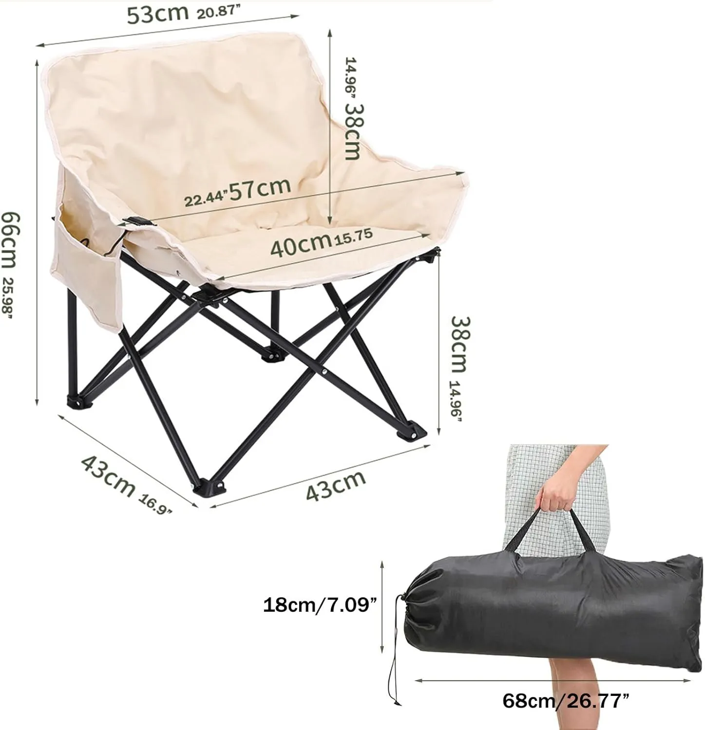 Heated Camping Chairs for Adults, Portable Heated Cushion Folding Chair with 3 Heat Levels, Padded Camping Chair Supports 420lbs, Portable Folding Heated Outdoor Chair for Camping,Beige-66x43x43cm