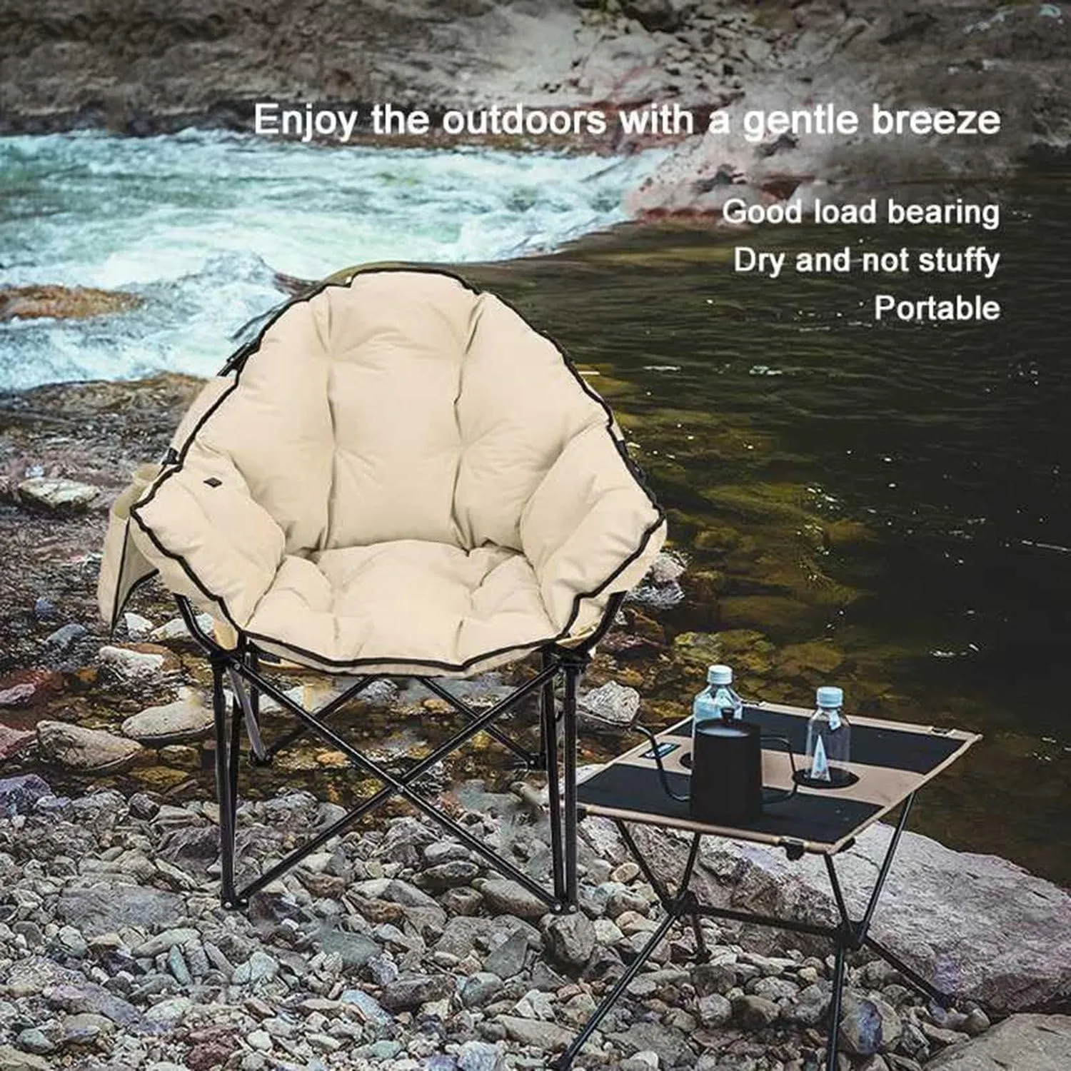 Heated Camping Chairs for Adults, Portable Heated Cushion Folding Chair with 3 Heat Levels, Padded Camping Chair Supports 420lbs, Portable Folding Heated Outdoor Chair for Camping,Beige-66x43x43cm
