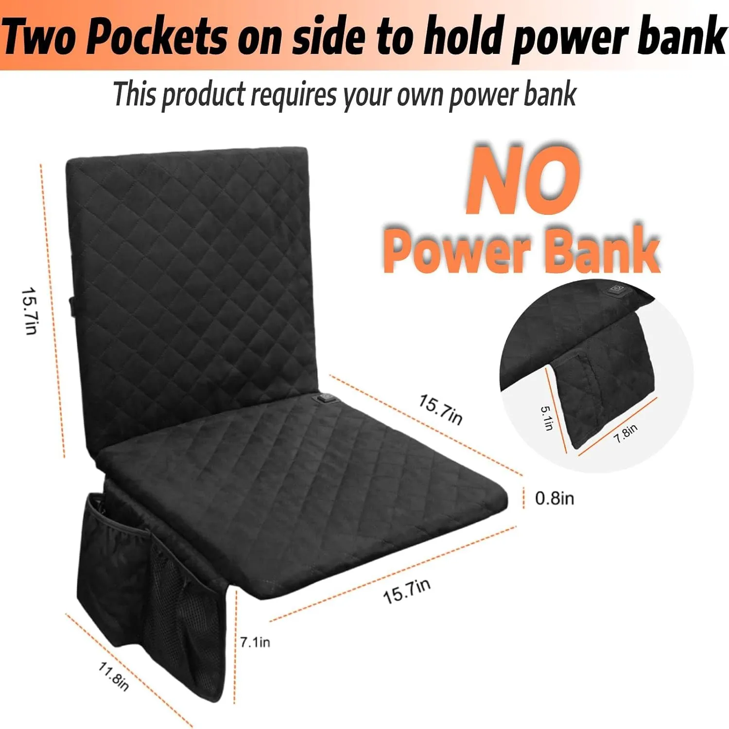 Heated Seat Cushion, Foldable Heated Stadium Seats for Bleachers USB Powered (NOTE: No Power Bank), 3 Level Adjustable Heated Pad with Pockets, heated seats for outdoors, Camping, Indoor(Black)