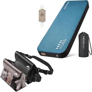 HEETA 2-Pack Waterproof Fanny Pack, Waterproof Pouch Dry Bag for Phone (Black & Grey) Bundled with Self Inflating Sleeping Pad with Electric Pump, 4" Ultra Thick Memory Foam Camping Mattress