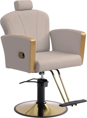 Height Adjustable Salon Chair for Hair Sylist, Reclining Salon Hair Chairs, Hydraulic Barber Chair, 360 Degree Swivel Shampoo Chairset for Barbershop (Cream Grey-Golden)