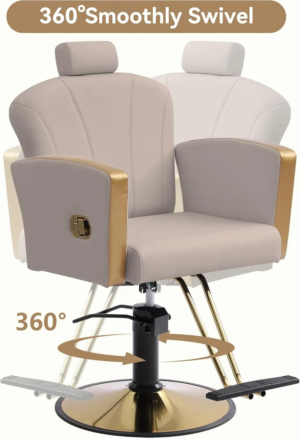 Height Adjustable Salon Chair for Hair Sylist, Reclining Salon Hair Chairs, Hydraulic Barber Chair, 360 Degree Swivel Shampoo Chairset for Barbershop (Cream Grey-Golden)
