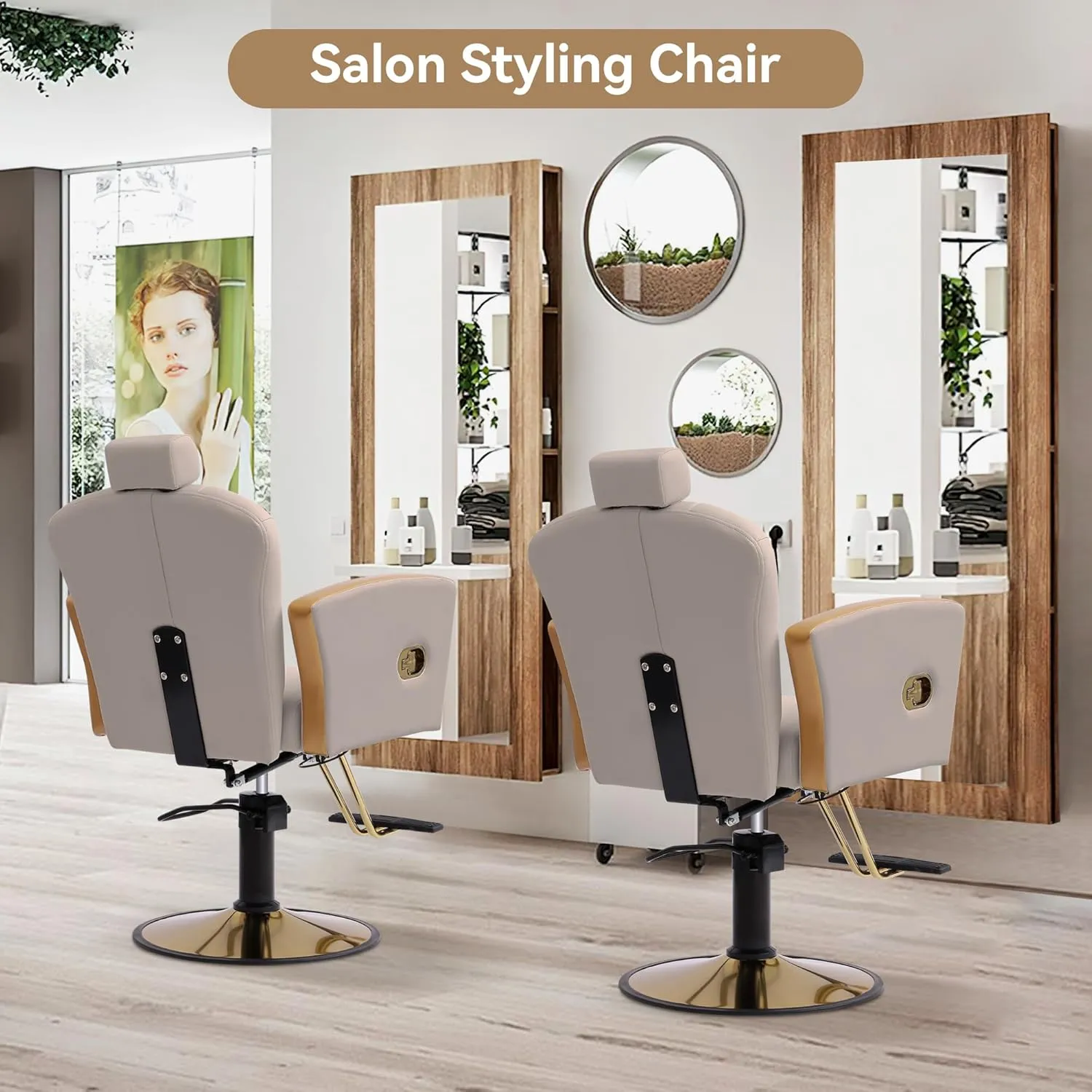 Height Adjustable Salon Chair for Hair Sylist, Reclining Salon Hair Chairs, Hydraulic Barber Chair, 360 Degree Swivel Shampoo Chairset for Barbershop (Cream Grey-Golden)