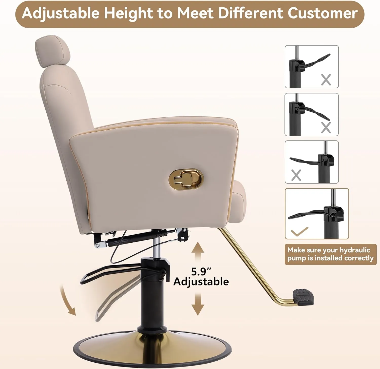 Height Adjustable Salon Chair for Hair Sylist, Reclining Salon Hair Chairs, Hydraulic Barber Chair, 360 Degree Swivel Shampoo Chairset for Barbershop (Cream Grey-Golden)
