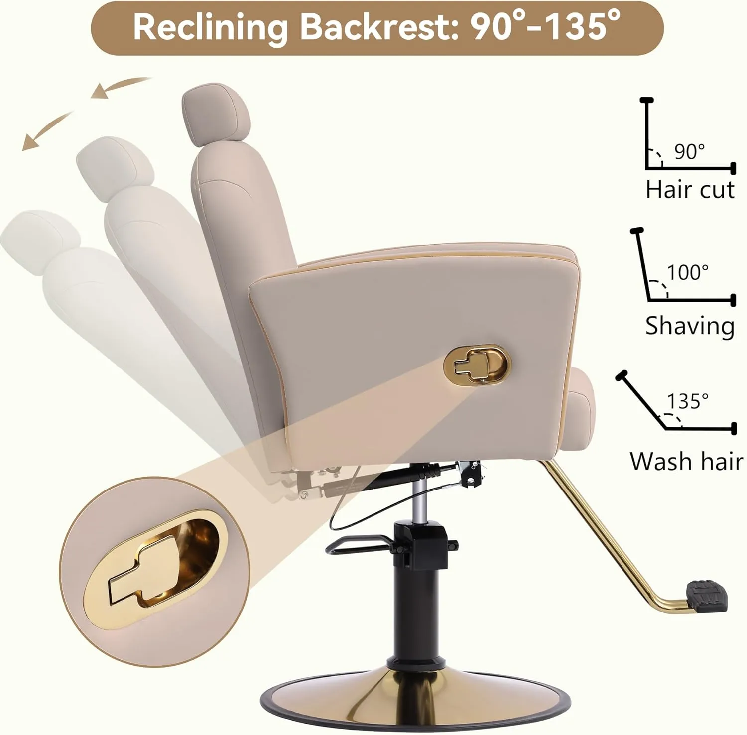 Height Adjustable Salon Chair for Hair Sylist, Reclining Salon Hair Chairs, Hydraulic Barber Chair, 360 Degree Swivel Shampoo Chairset for Barbershop (Cream Grey-Golden)