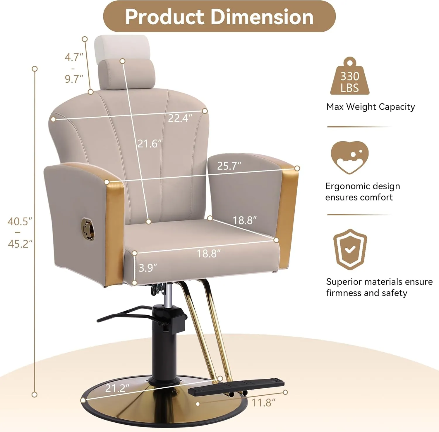 Height Adjustable Salon Chair for Hair Sylist, Reclining Salon Hair Chairs, Hydraulic Barber Chair, 360 Degree Swivel Shampoo Chairset for Barbershop (Cream Grey-Golden)