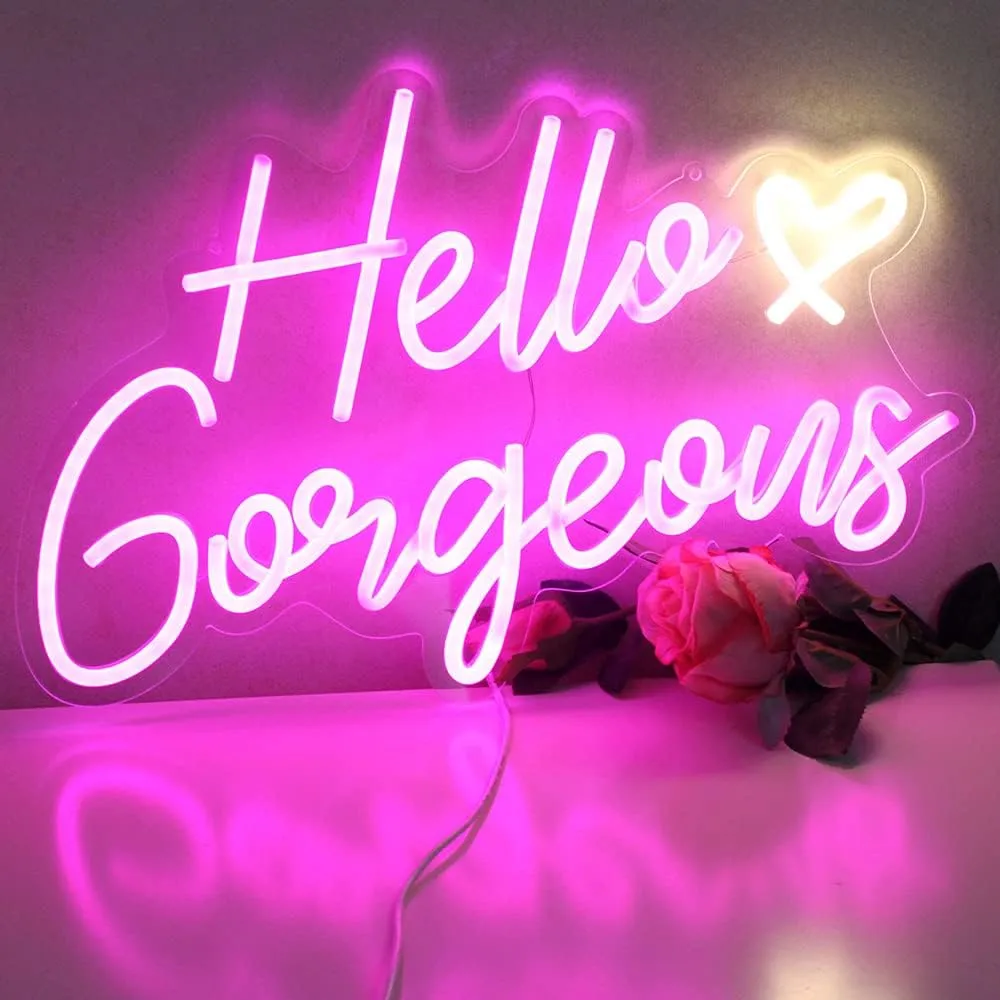 Hello Gorgeous Neon Sign Hello Beautiful Pink LED Neon Lights for Home Wedding Birthday Backdrop Bacelorette Party Wth Dimmable Switch(5V,16.5X10.6inches)
