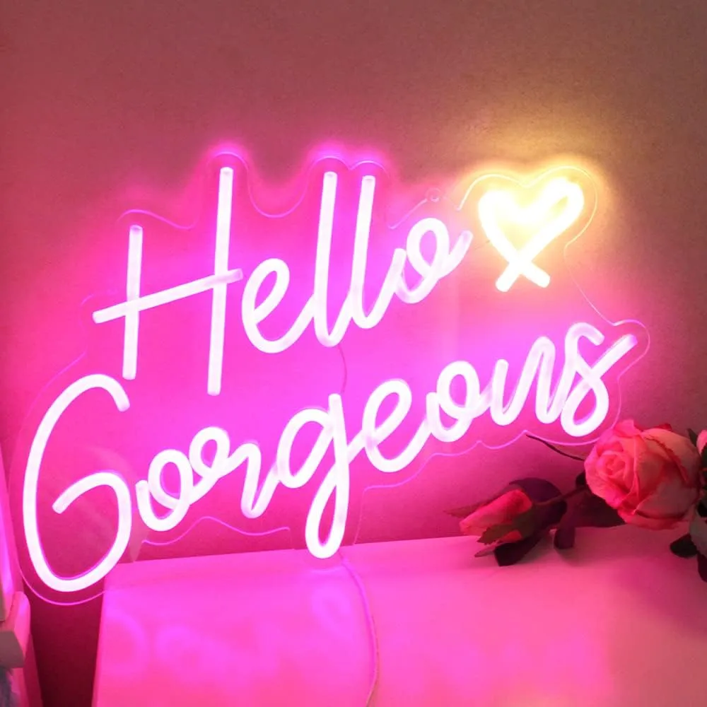 Hello Gorgeous Neon Sign Hello Beautiful Pink LED Neon Lights for Home Wedding Birthday Backdrop Bacelorette Party Wth Dimmable Switch(5V,16.5X10.6inches)