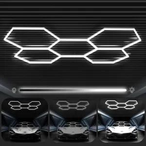 Hexagon Garage Lights 3 Level Dimmable, High Brightness 168W 5600 to 18480 Lumens 6500K Honeycomb Hexagon Led Garage Light 5 Grid for Garage, Auto Beauty Shop, Car Detailing Shop, Workshop