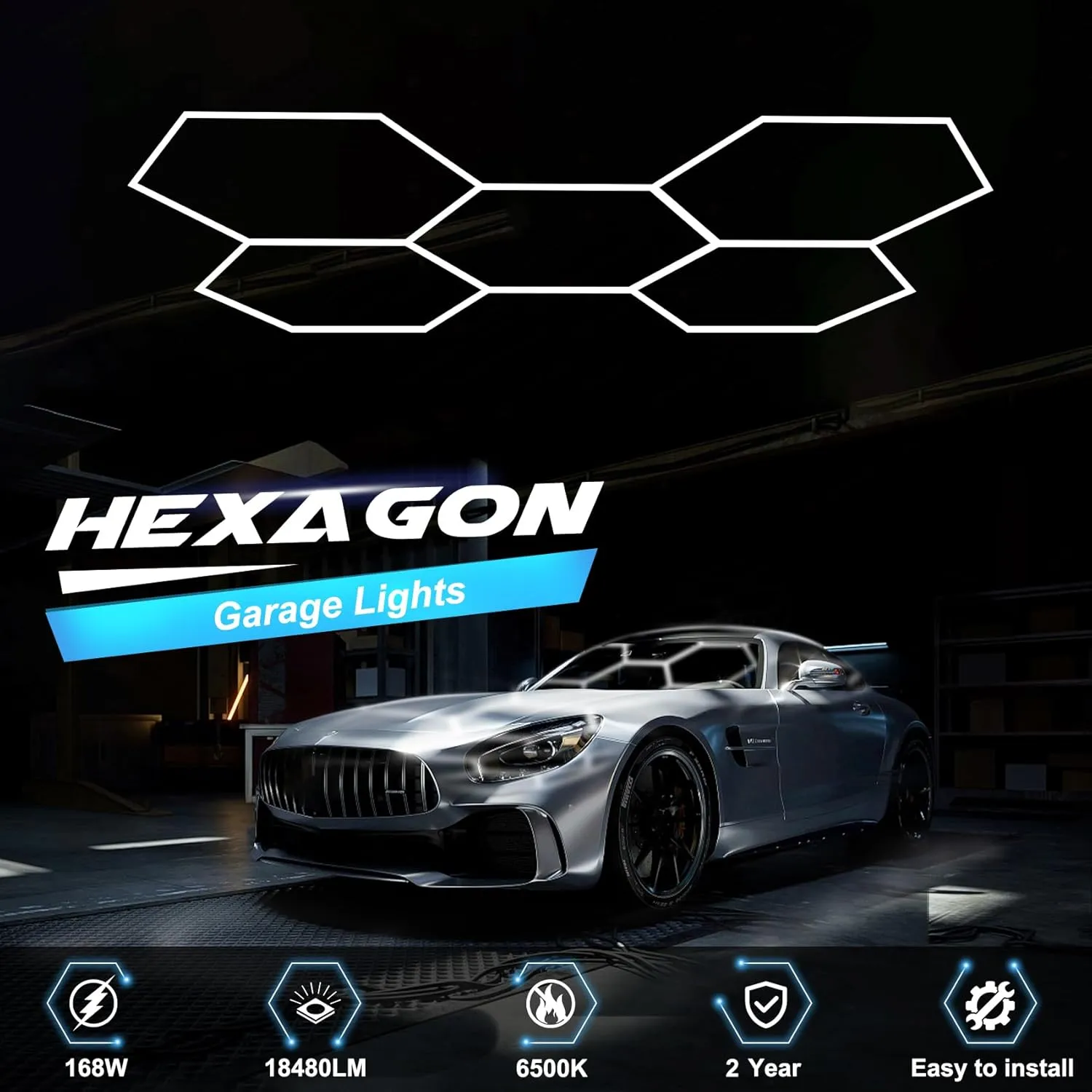 Hexagon Garage Lights, High Brightness 168W 6500K 18480Lumens Honeycomb Hexagon Led Garage Light 5 Grid for Garage, Auto Beauty Shop, Car Detailing Shop, Workshop