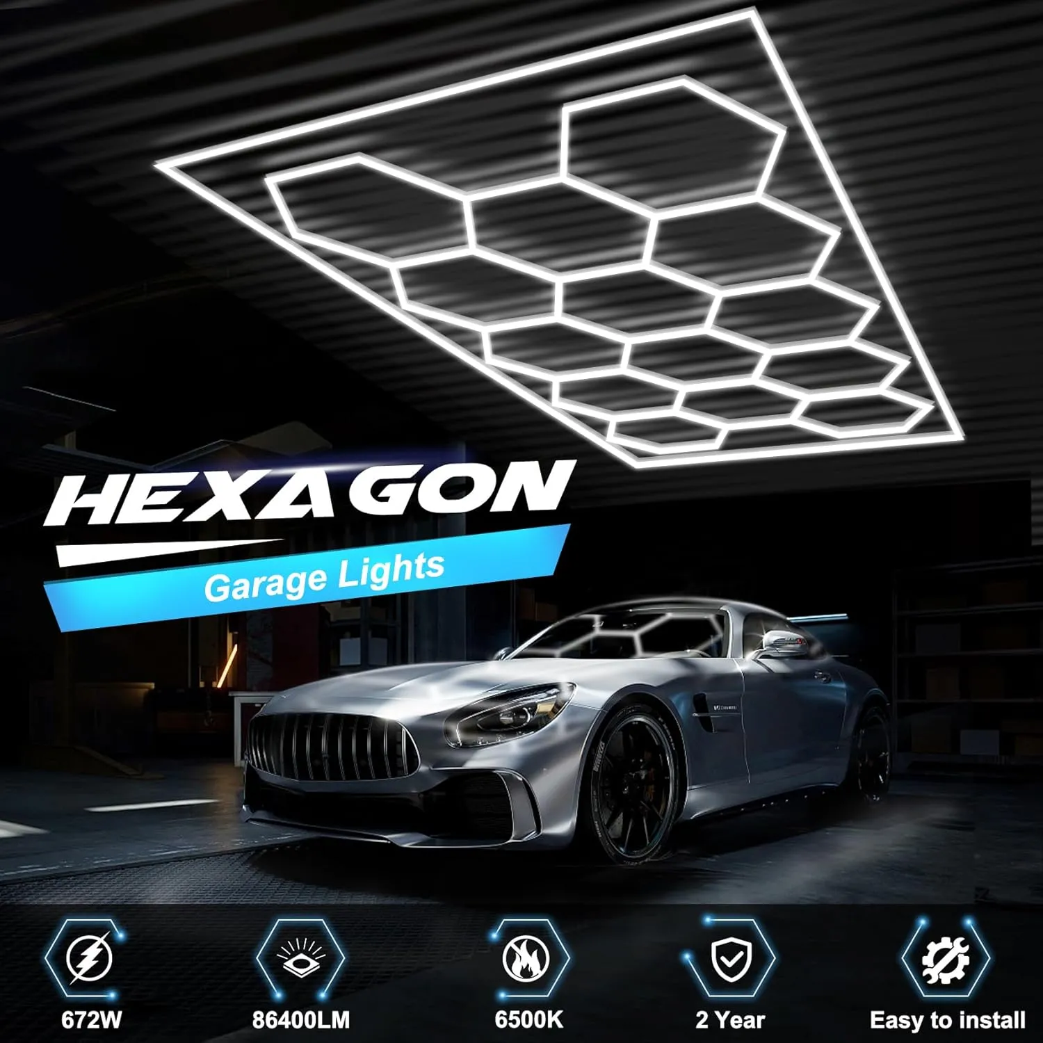 Hexagon Garage Lights with Rectangle Frame, High Brightness 672W 86400LM 6500K, 14 Hex Grid for Garage, Shop, Basement, Car Detailing Shop etc. with Mounting Clip