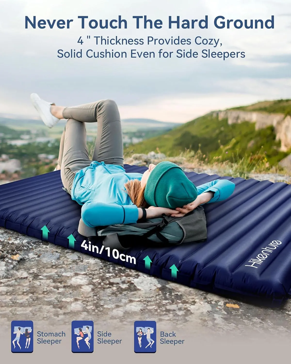 Hikenture Double Sleeping Pad,Extra Thick 3.75in Camping Mattress 2 Person,Queen Size Inflatable Air Mat,Lightweight and Compact,for Backpacking,Car Camping,Hiking,Tent,Cot(Navy Pumpsack)