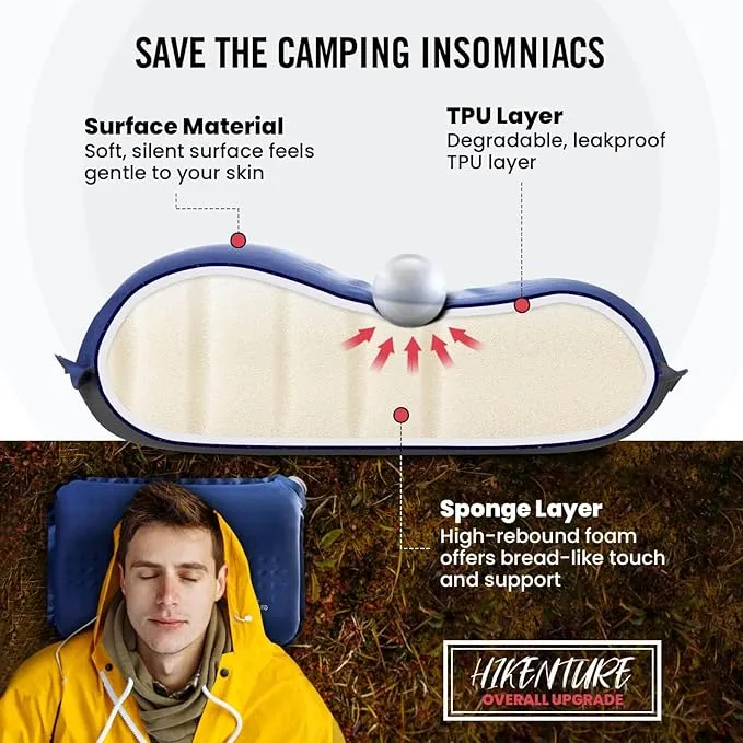 Hikenture Self Inflating Camping Pillow, Foam Travel Pillows for Sleeping, Ergonomic 3D Support Inflatable Pillow, Compressible Blow Up Camp Pillow, Portable Backpacking Pillow, Blue