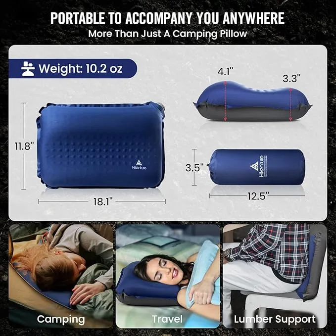 Hikenture Self Inflating Camping Pillow, Foam Travel Pillows for Sleeping, Ergonomic 3D Support Inflatable Pillow, Compressible Blow Up Camp Pillow, Portable Backpacking Pillow, Blue