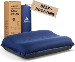 Hikenture Self Inflating Camping Pillow, Foam Travel Pillows for Sleeping, Ergonomic 3D Support Inflatable Pillow, Compressible Blow Up Camp Pillow, Portable Backpacking Pillow, Blue