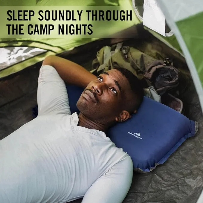Hikenture Self Inflating Camping Pillow, Foam Travel Pillows for Sleeping, Ergonomic 3D Support Inflatable Pillow, Compressible Blow Up Camp Pillow, Portable Backpacking Pillow, Blue