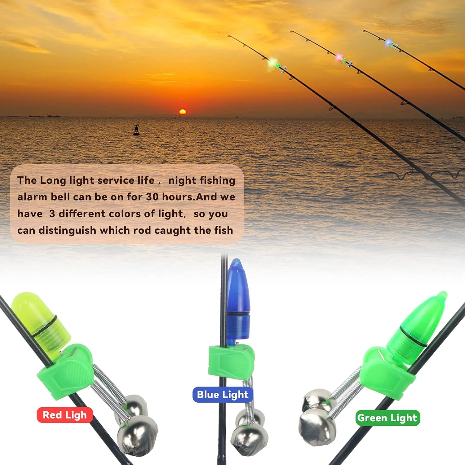 HLOGREE LED Night Fishing Rod Bait Alarm Bell 30pcs/40pcs with Dual Ring Bells Fishing Indicator Fish Bait Alarm Portable Fishing Accessories Bait Alarm Bell Rod Clip Tip for Fishing