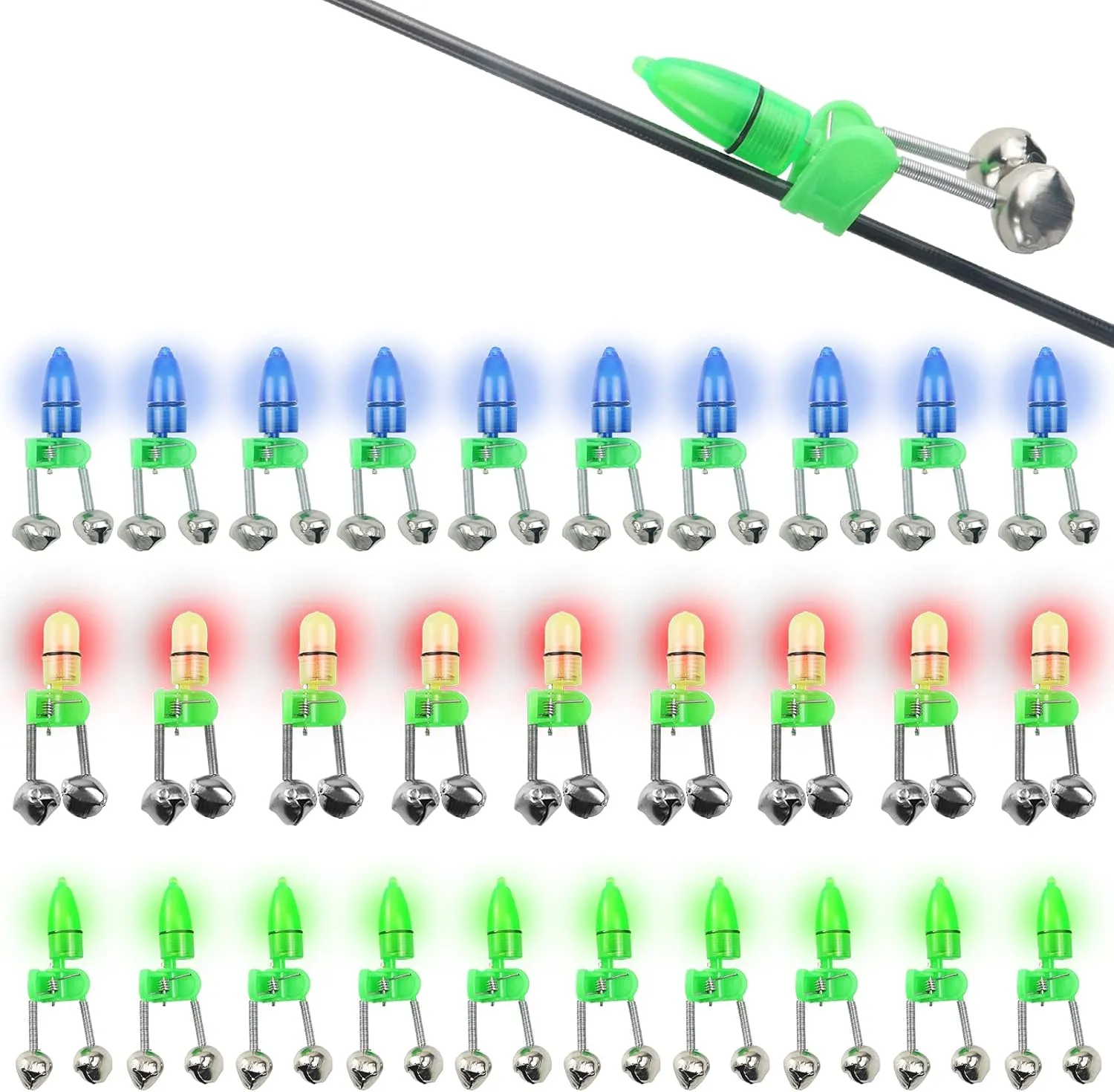 HLOGREE LED Night Fishing Rod Bait Alarm Bell 30pcs/40pcs with Dual Ring Bells Fishing Indicator Fish Bait Alarm Portable Fishing Accessories Bait Alarm Bell Rod Clip Tip for Fishing
