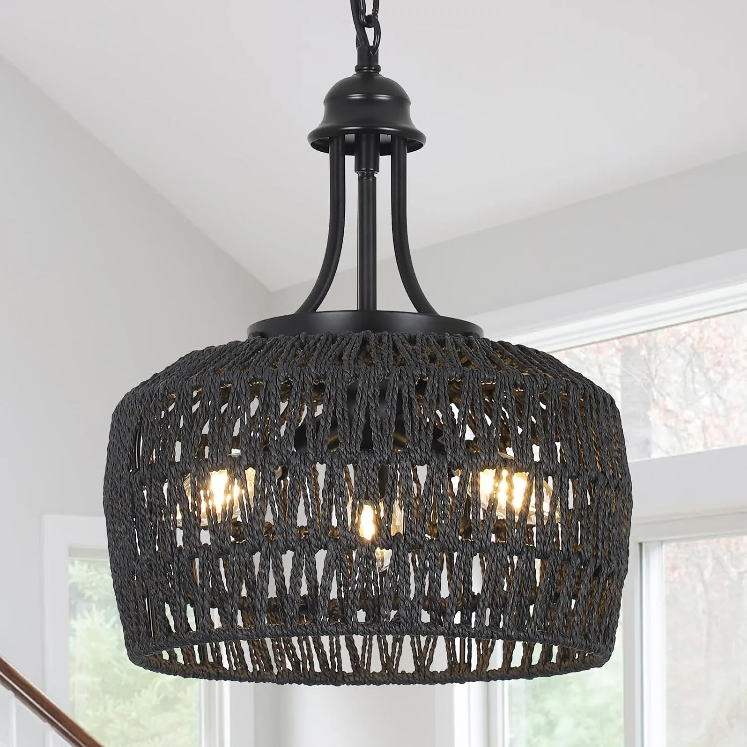 HMVPL Black Rattan Chandelier for Dining Room, 3-Light Boho Light Fixture with Woven Lampshade, Wicker Pendant Light Ceiling Hanging, Farmhouse Kitchen Chandelier for Bedroom Living Room Entryway