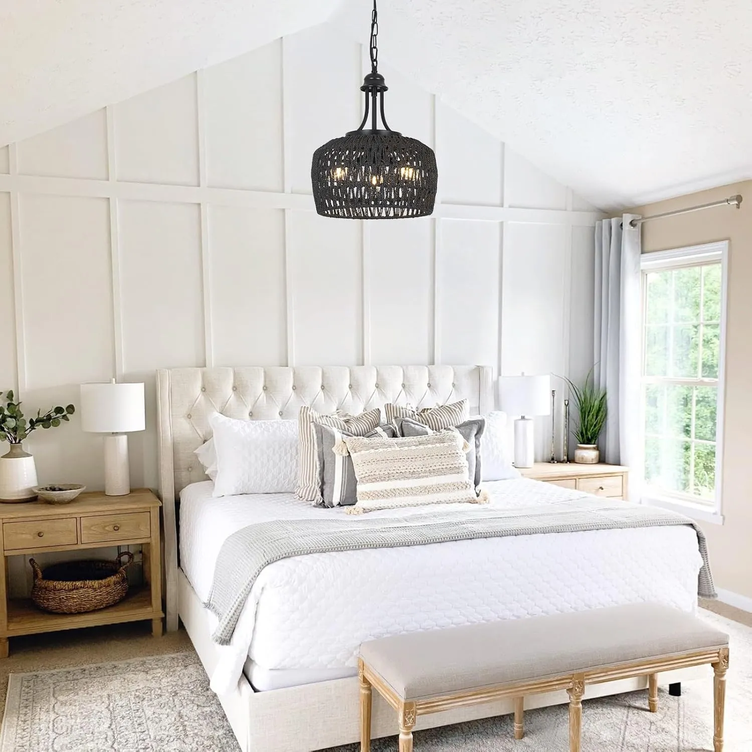 HMVPL Black Rattan Chandelier for Dining Room, 3-Light Boho Light Fixture with Woven Lampshade, Wicker Pendant Light Ceiling Hanging, Farmhouse Kitchen Chandelier for Bedroom Living Room Entryway