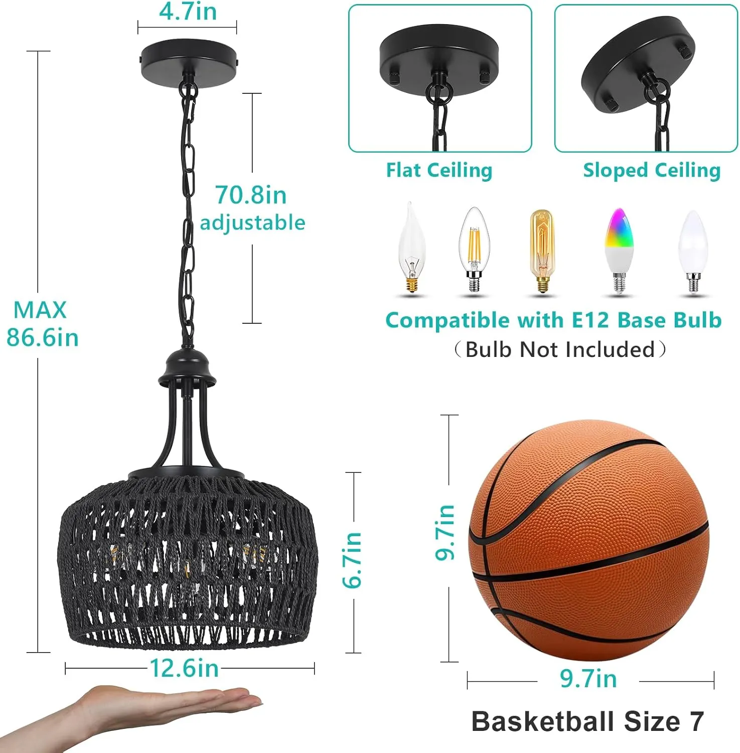 HMVPL Black Rattan Chandelier for Dining Room, 3-Light Boho Light Fixture with Woven Lampshade, Wicker Pendant Light Ceiling Hanging, Farmhouse Kitchen Chandelier for Bedroom Living Room Entryway