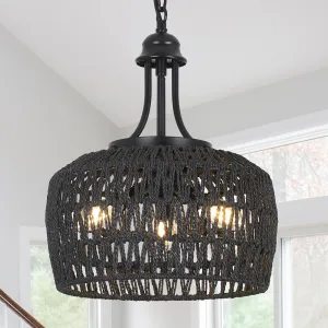 HMVPL Black Rattan Chandelier for Dining Room, 3-Light Boho Light Fixture with Woven Lampshade, Wicker Pendant Light Ceiling Hanging, Farmhouse Kitchen Chandelier for Bedroom Living Room Entryway