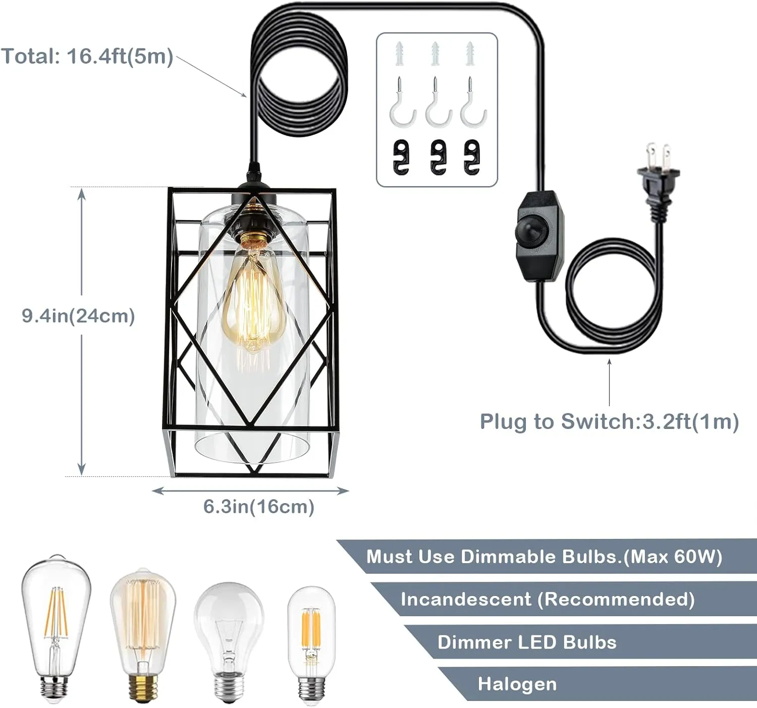 HMVPL Plug in Pendant Light with Dimmer Switch, Outdoor Farmhouse Hanging Lights Fixtures for Gazebo and Porch, Plug in Ceiling Light for Kitchen Island Table Bedroom Hallway Foyer