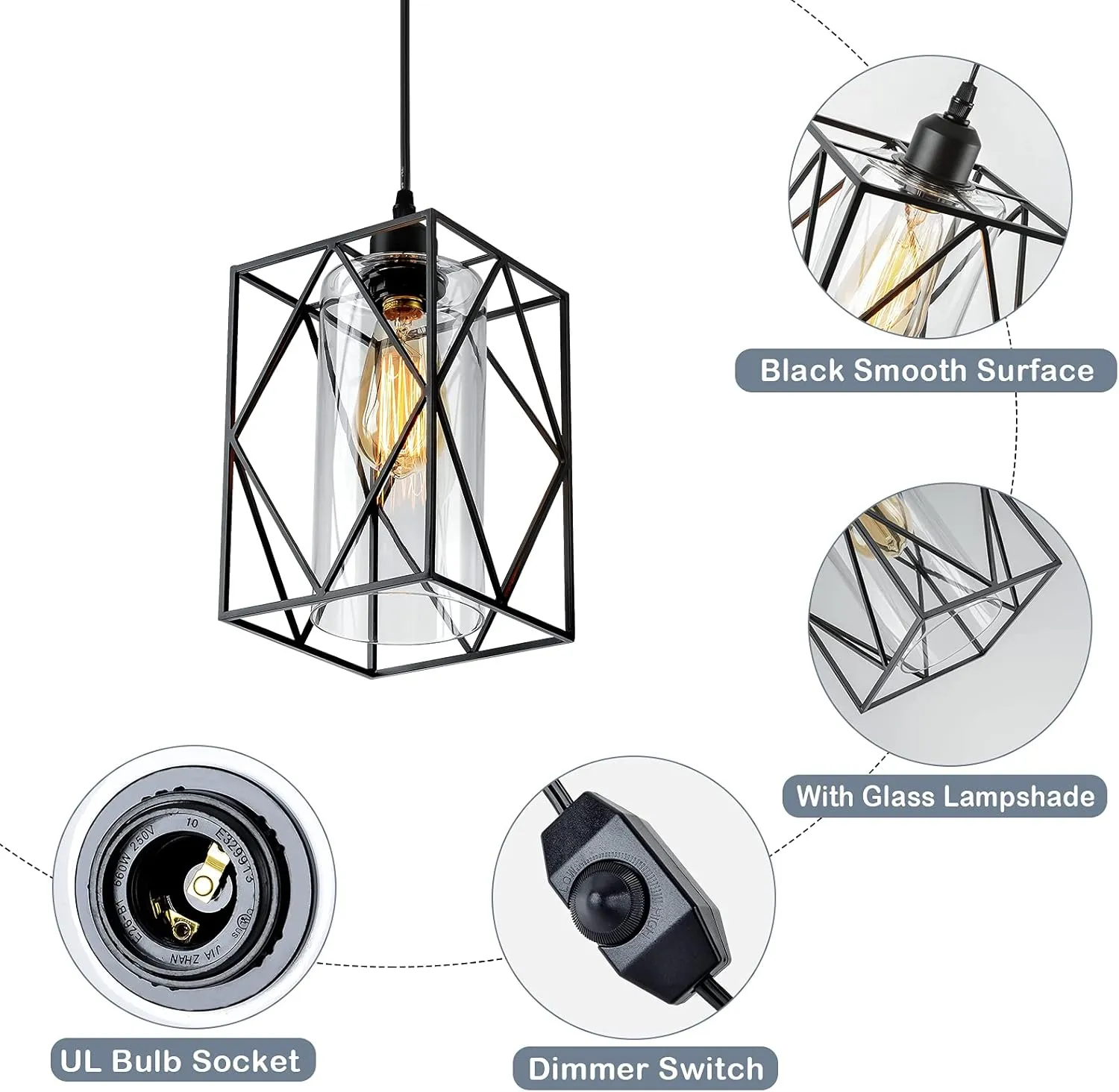 HMVPL Plug in Pendant Light with Dimmer Switch, Outdoor Farmhouse Hanging Lights Fixtures for Gazebo and Porch, Plug in Ceiling Light for Kitchen Island Table Bedroom Hallway Foyer