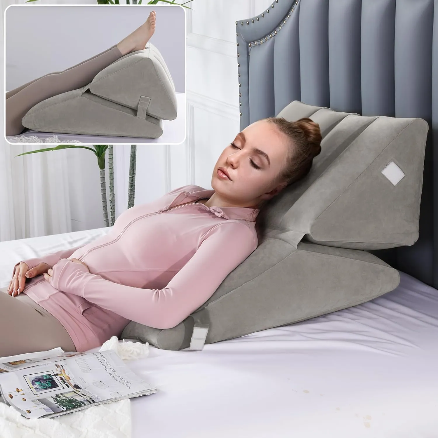 HOMBYS Adjustable Inflatable Bed Wedge Pillow for Sleeping, 7 in 1 Multi Use Back Pillow for Bed Sitting Up, 10 inch Elevated Support Pillow for Legs & Back, Portable for Travel Use-30"x22"x10", Grey