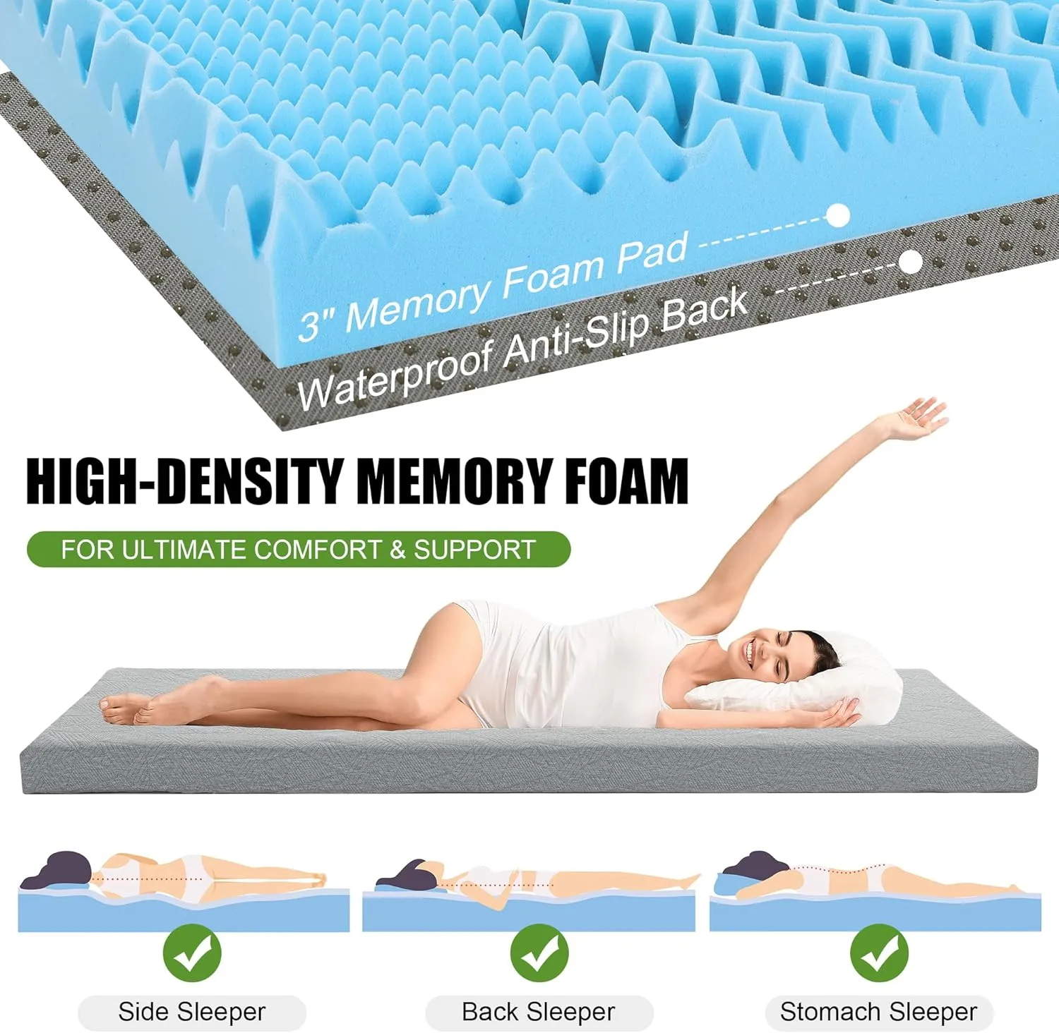 HOMBYS Thick Egg Crate Memory Foam Camping Mattress for Outdoor Sleeping, 3 Inch Roll Up Porable Pad Mat with Knitted Cover for Travel Truck Bed Tent