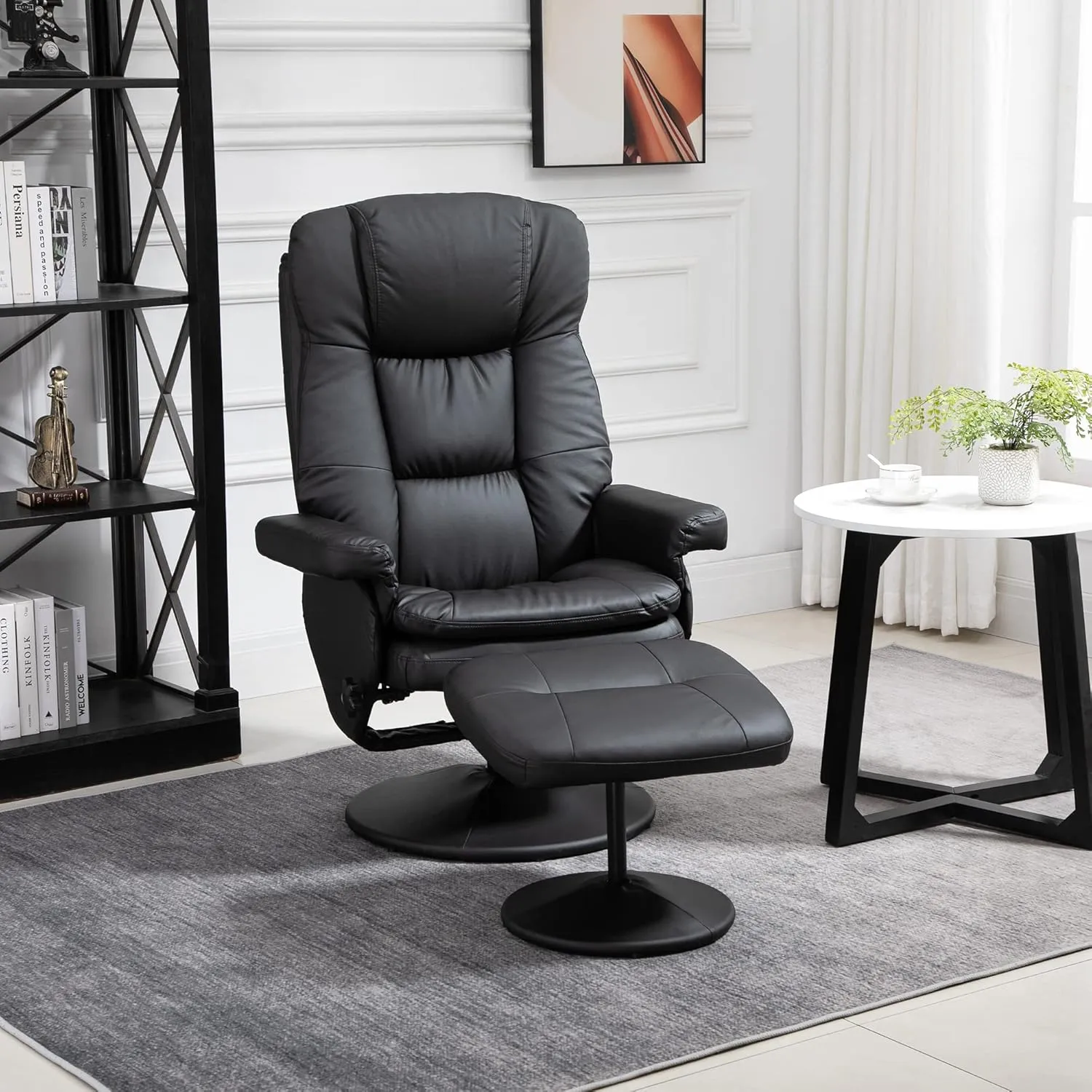 HOMCOM Swivel Recliner with Ottoman, PU Leather Reclining Chair with Ottoman, Upholstered Recliner and Footrest with Wrapped Base for Living Room, Bedroom and Home Office, Black