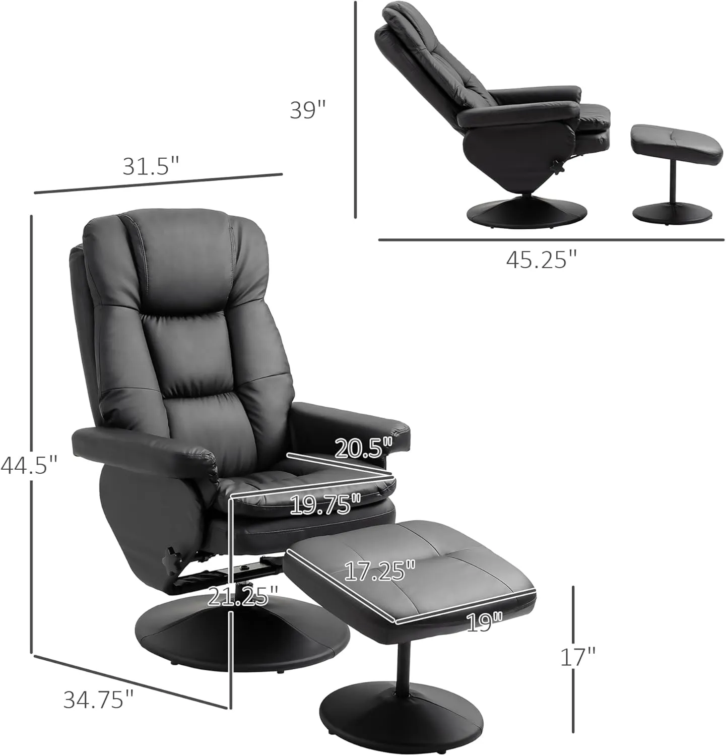 HOMCOM Swivel Recliner with Ottoman, PU Leather Reclining Chair with Ottoman, Upholstered Recliner and Footrest with Wrapped Base for Living Room, Bedroom and Home Office, Black