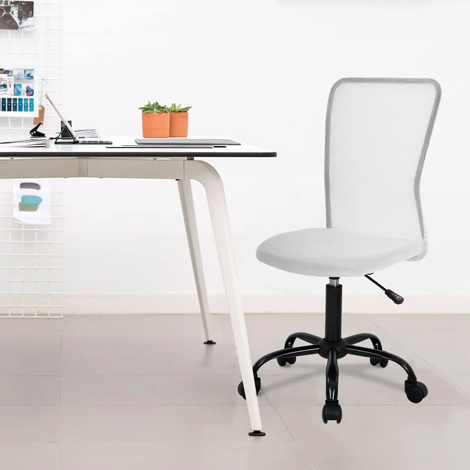 Home Office Chair Mid Back Mesh Desk Chair Armless Computer Chair Ergonomic Task Rolling Swivel Chair Back Support Adjustable Modern Chair with Lumbar Support (White)