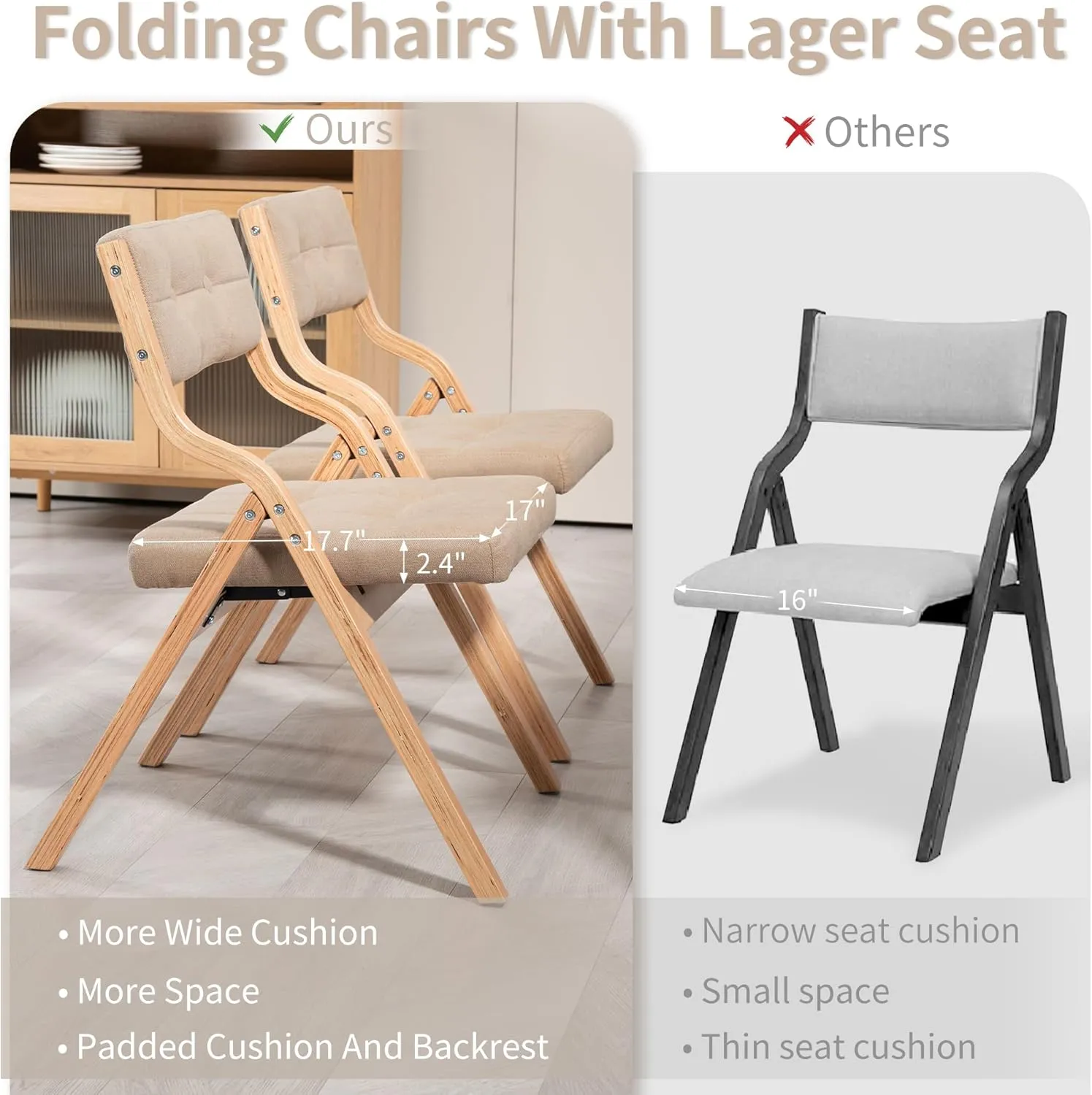 HOMEFUN Folding Chairs with Cushion, Wooden Padded Foldable Chair 4 Pack, Portable and Assembled Seat for Guests Kitchen Office Wedding and Party, Khaki